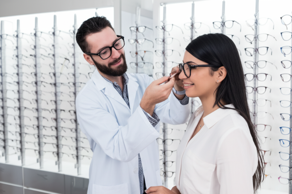 Optician helping customer select frames